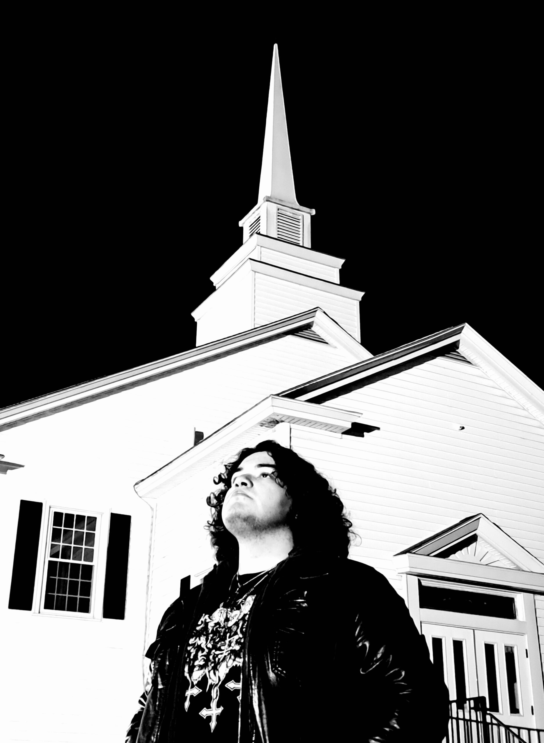 Black and white photo of me in front of a church